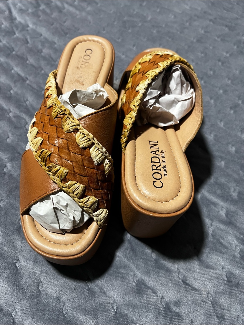 Cordani Tan & Natural Braided Platform Slide Clogs